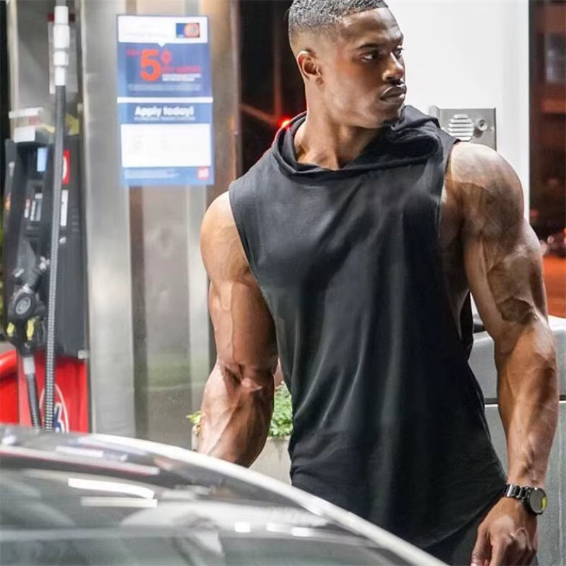 New Fashion Cotton Sleeveless Shirts Gym Hooded Tank Top Men Fitness Vest Solid Bodybuilding Singlets Workout Tanktop Men